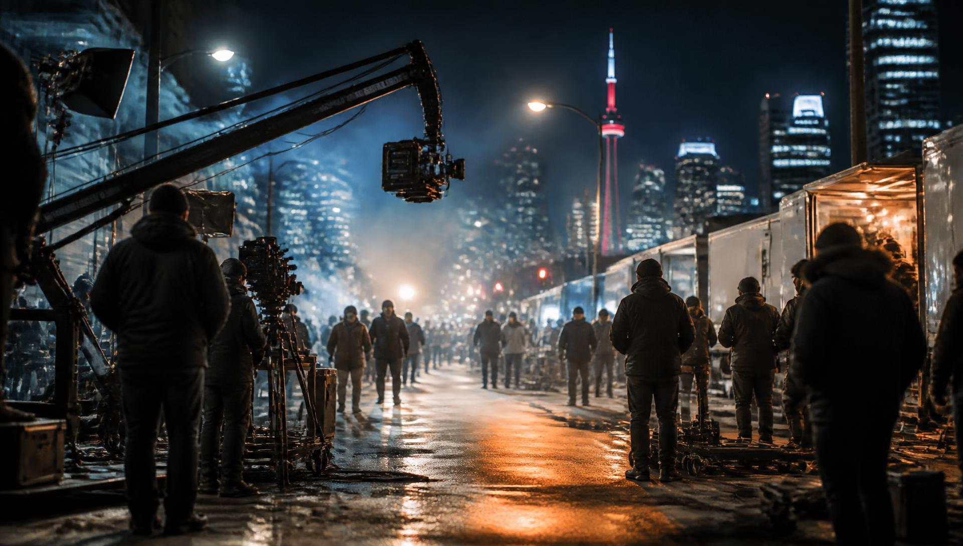Active film production set on a Toronto street at night